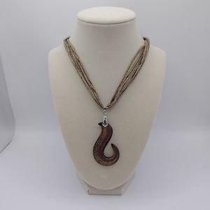 2010s Chunky Glass Pendant on Yarn with Glass Square Beads and Magnetic Clasp